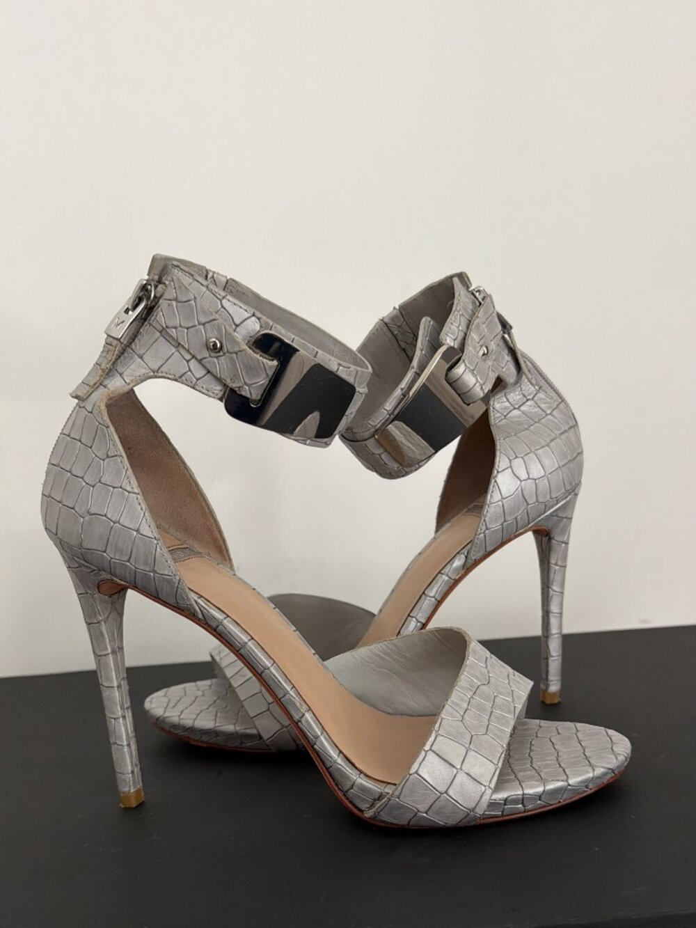 Marciano Silver Croc-Embossed Leather High Heel Sandals – Size 8.5
